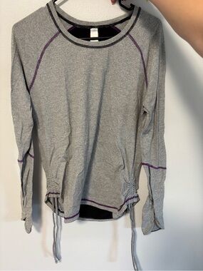 Lucy Striped Gray and Black Long Sleeve Top with Purple Trim
